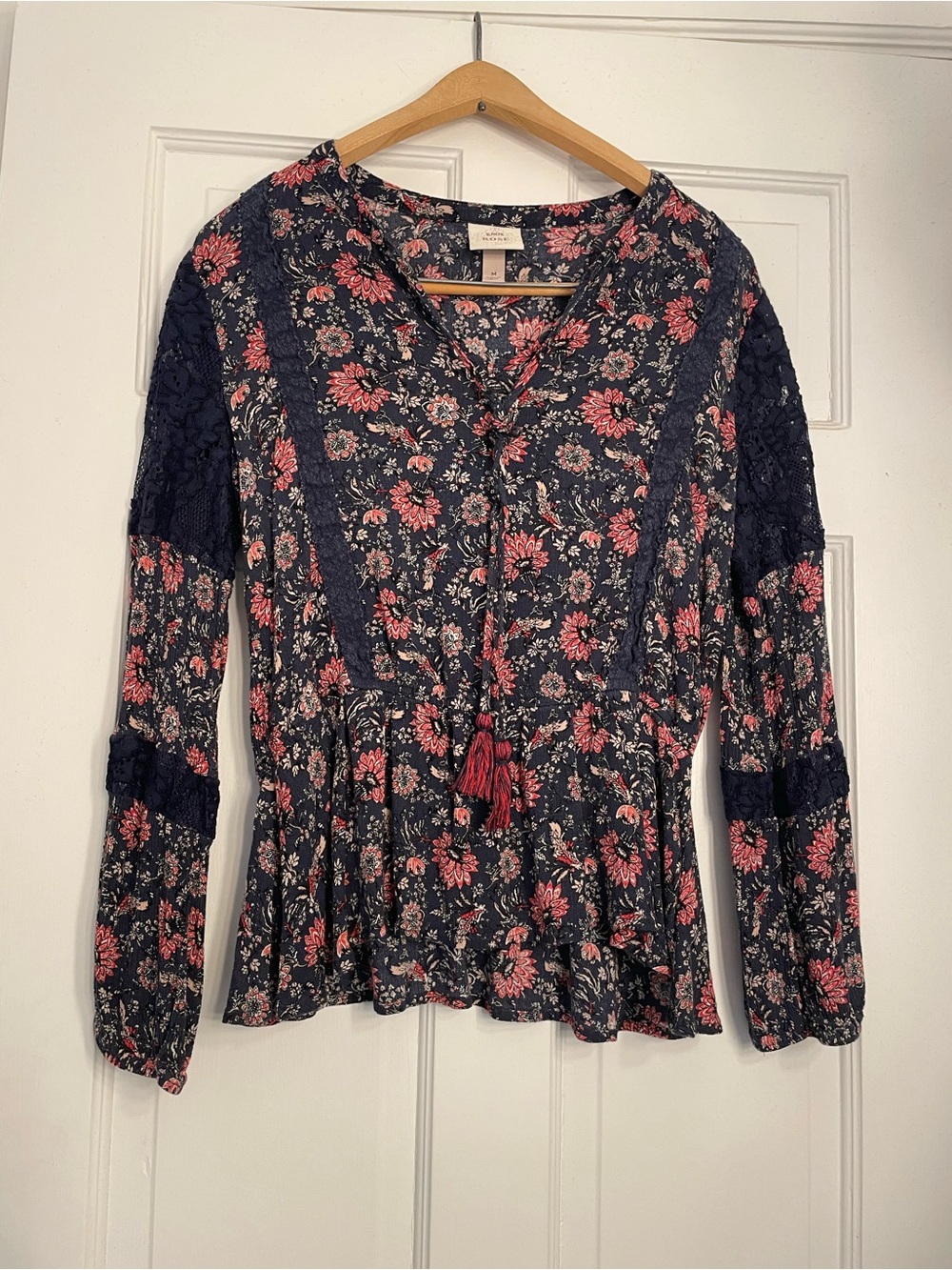 Knox Rose Navy Floral Peasant Blouse with Pink Accents